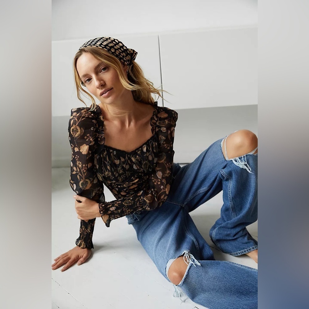 Free People Black Floral Bodysuit